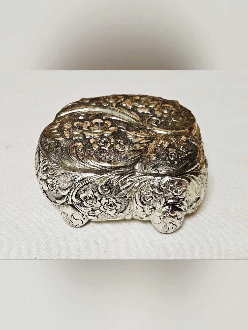 Vintage Silver-Plated Repoussé Trinket Box Ornate Raised Floral Pattern 3